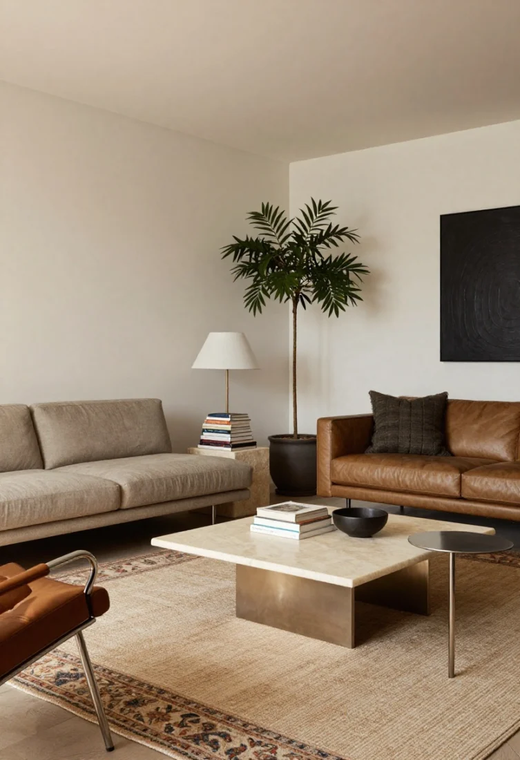Wide plan of a “styled disarray” living area layout: sofa floated slightly off the wall to define a moody lounge zone; a vintage club chair angled toward a stack of art books on a low stone plinth; a heavy, low marble coffee table centered, counterbalanced by a slim burnished-metal side table; layered rugs—timeworn vintage stacked over a larger sisal; heights staggered by rule of thirds (low seating, mid tables, tall lamp/plant); pathways at 30–36 inches, intimate 18 inches between sofa and table; warm layered lighting and premium finishes.