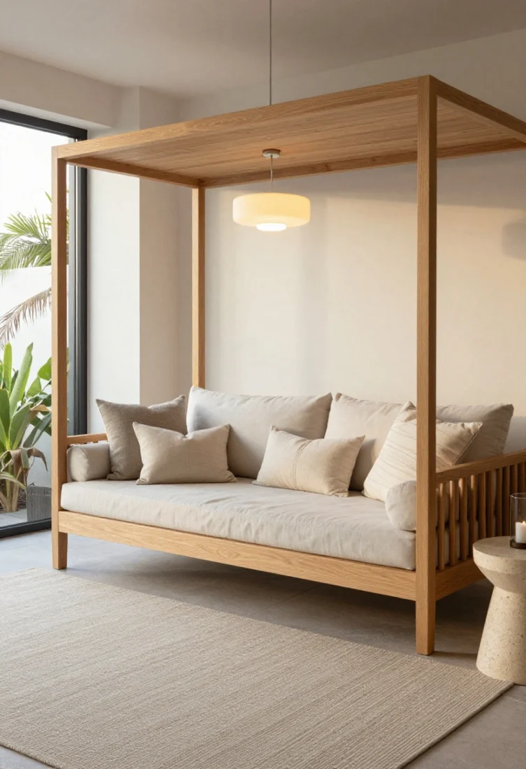 Wide resort-style vignette of a deep daybed swing (48"+ depth) in a clean-lined painted hardwood frame, layered with a bench cushion and asymmetrically arranged performance pillows in tonal neutrals; set over a generous low-pile outdoor rug extending at least 18 inches beyond the swing; a statement outdoor pendant overhead providing warm ambient light; slim teak or stone-topped side table with a glass hurricane candle; balanced proportions and calm composition in a luxury editorial mood at golden hour.