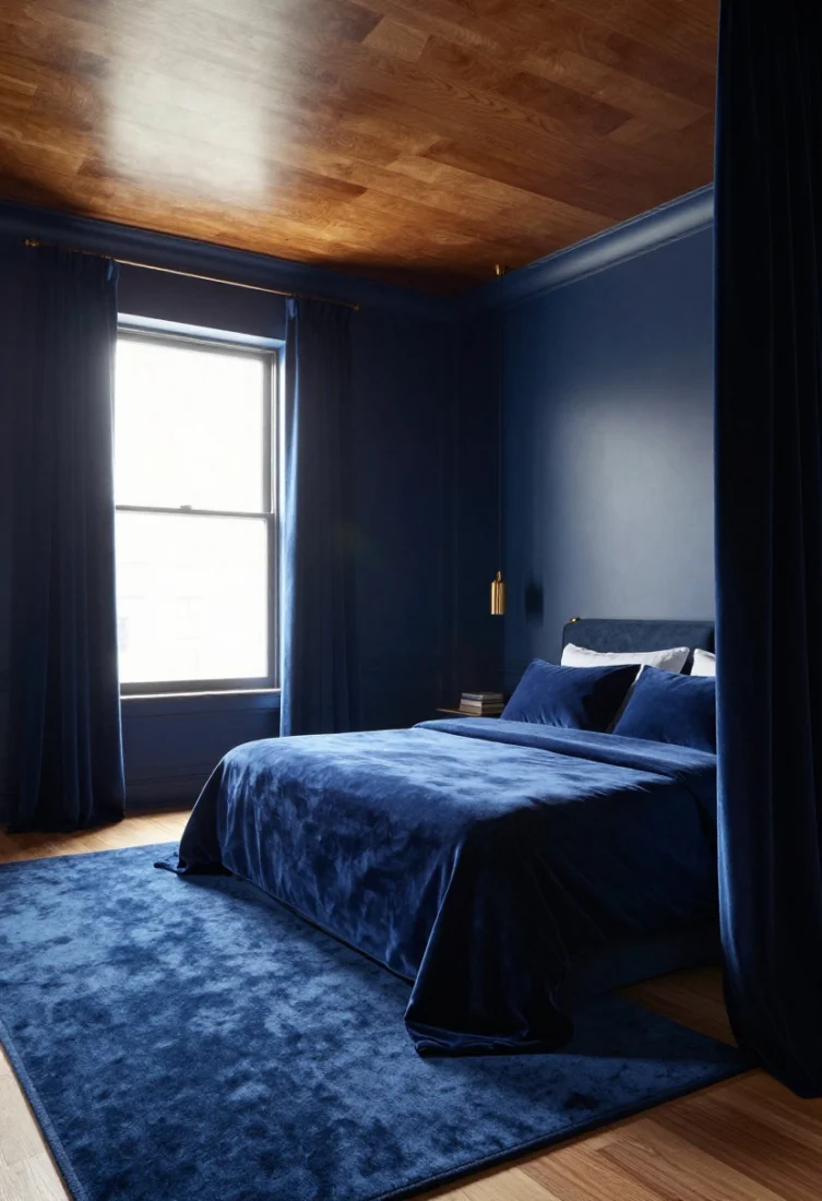 Wide room shot: An ultramarine bedroom with matte, super-saturated walls and a high-sheen lacquered ceiling two steps lighter, reflecting layered warm light; tonal wool rug underfoot, heavy velvet curtains pooling slightly, tailored bedding in deep blue tones, polished brass curtain hardware and a subtle pearlescent ceiling glow for a luxury editorial feel.