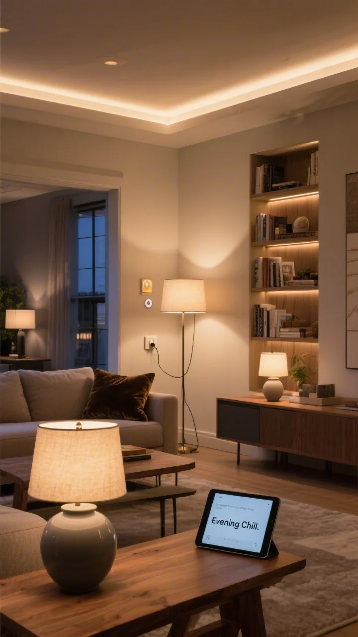 Wide room shot, evening scene: A living room demonstrating control and finishing touches—multiple fixtures set on dimmers (visible slider on wall and a plug-in dimmer on a lamp cord), up-facing torchiere bouncing light off the ceiling, hidden LED strips under a console lip and inside bookshelves for a subtle designer glow, and consistent warm color temperature across all sources. Include mixed nearby materials—matte ceramic vase, velvet cushion, natural wood table—showing varied light absorption/reflection, and seat-level lamp shades positioned to avoid glare. A smart-home tablet shows a scene labeled “Evening Chill.”