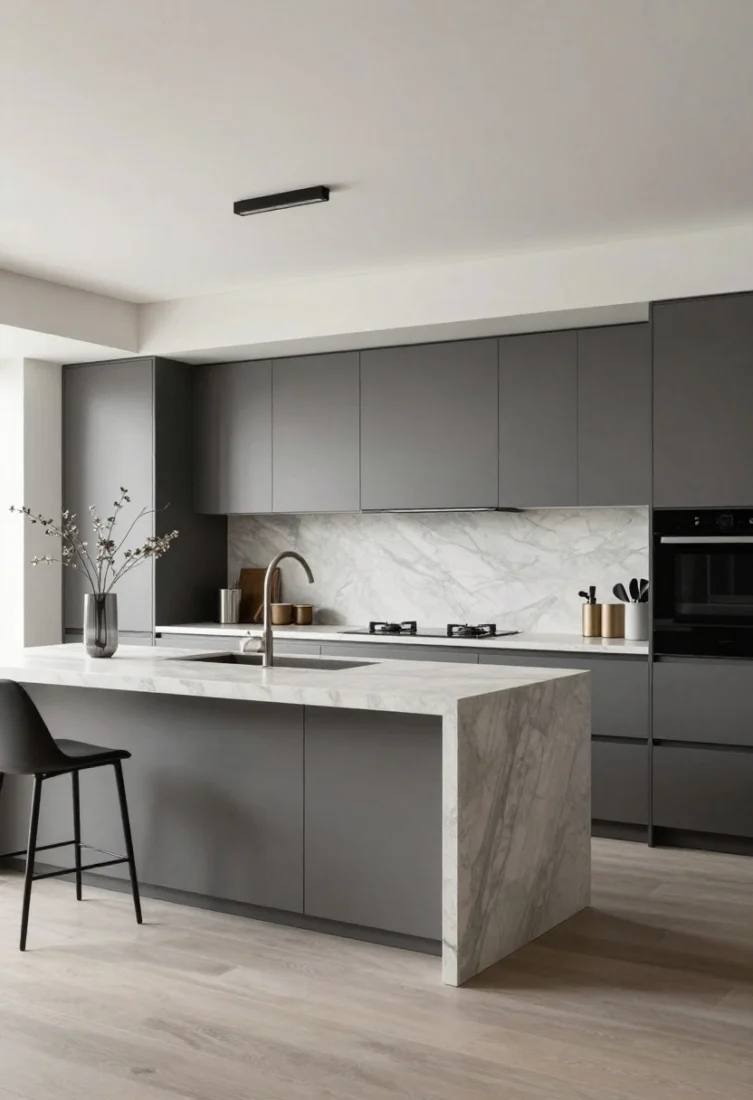 Wide room shot for the Conclusion: a holistic one-wall kitchen showcasing full-height storage, integrated appliances, layered lighting, slim profiles, and elevated styling—monochrome palette, honed stone slab, refined hardware, and intentional negative space; the scene reads elegant and efficient from adjacent living areas; polished, aspirational editorial mood