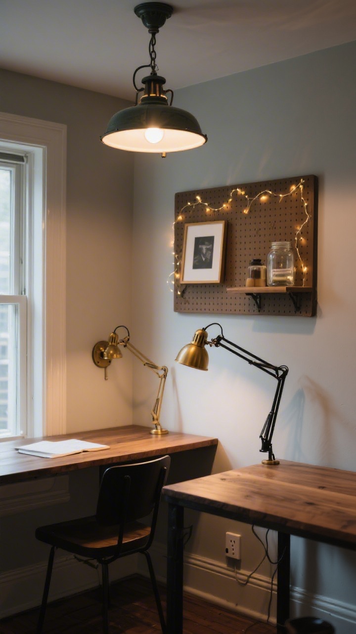 Wide room shot, moody yet functional lighting like a tiny photo studio: a vintage-style schoolhouse ceiling light casting warm ambient glow, a swing-arm sconce over the desk, and a clamp lamp attached near the wall-mounted table for task light. Accent lighting includes a small picture light above the pegboard and micro fairy lights twinkling inside an apothecary jar on a shelf. Show 4000K neutral-white illumination on the work surface and cozier 2700K warmth on accent points. Include a discreet smart plug near the baseboard. Finishes: brass and black iron with warm oak; balanced shadows and highlights.