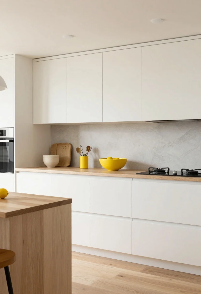 Wide room shot of a bright, airy kitchen showcasing a lemon-fresh palette: soft white walls and cabinetry, warm natural wood floors and open shelving, touches of buttercream and soft gray on textiles and stoneware, with restrained zesty yellow accents on a bowl and small utensil holder; matte black hardware for a modern edge; daylight with soft white bulbs (2700–3000K) creating warm, inviting lemon tones; clean lines, uncluttered counters, grounded textures in wood and linen