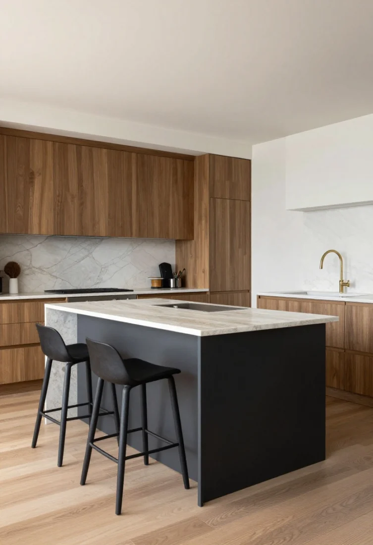 Wide room shot showing a one-wall kitchen paired with a slim freestanding island: the island 24–28 inches deep, with slender legs in blackened metal and a honed stone top that echoes the backsplash; seating for two without crowding; clear 42-inch walkway; materials repeat across wall and island for cohesion; layered lighting and polished styling details underscore the luxury editorial look