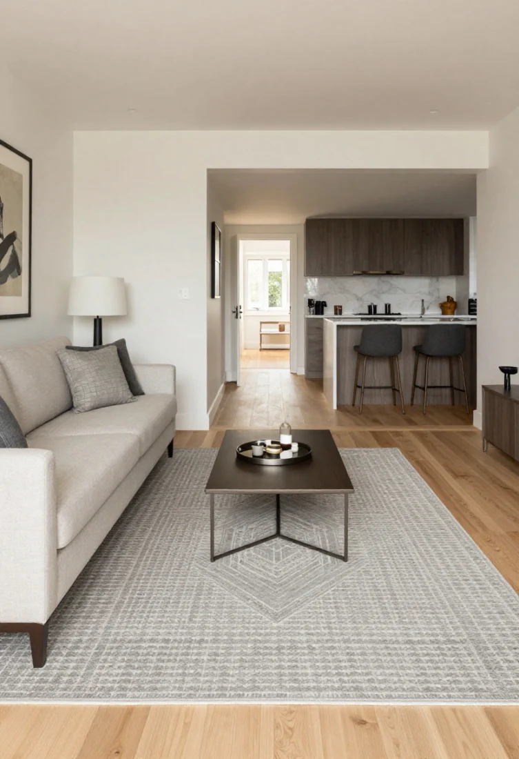 Wide shot: A compact luxury studio living area defined by a large hand-knotted low-pile wool rug in a quiet, tonal greige with a refined geometric pattern, scaled so front legs of the slim-leg sofa and accent chair rest on it; a flatweave runner in a complementary tone leads from the entry to the kitchen. Mid-tone rug contrasts lightly bleached oak floors, slim metal-base coffee table, muted art echoing the rug motif, warm layered lighting, and polished styling with a tray on the table. Editorial, high-end, natural daylight balanced with soft lamp glow.