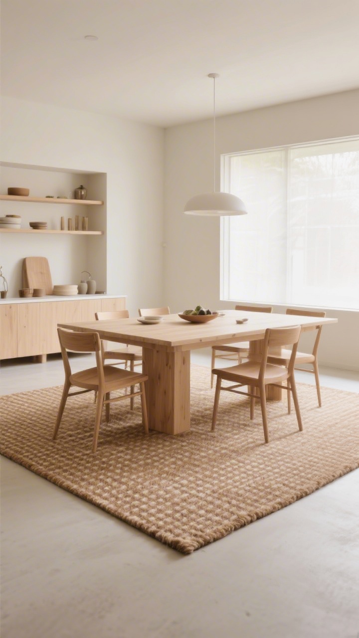 Wide shot: A dining zone grounded by a large flatweave wool rug in warm neutral tones with a subtle micro-grid pattern, extending 24–30 inches beyond all sides of the table; pale oak table and chairs centered; soft daylight, low-contrast environment; the rug’s texture visible yet understated, preventing visual overwhelm.