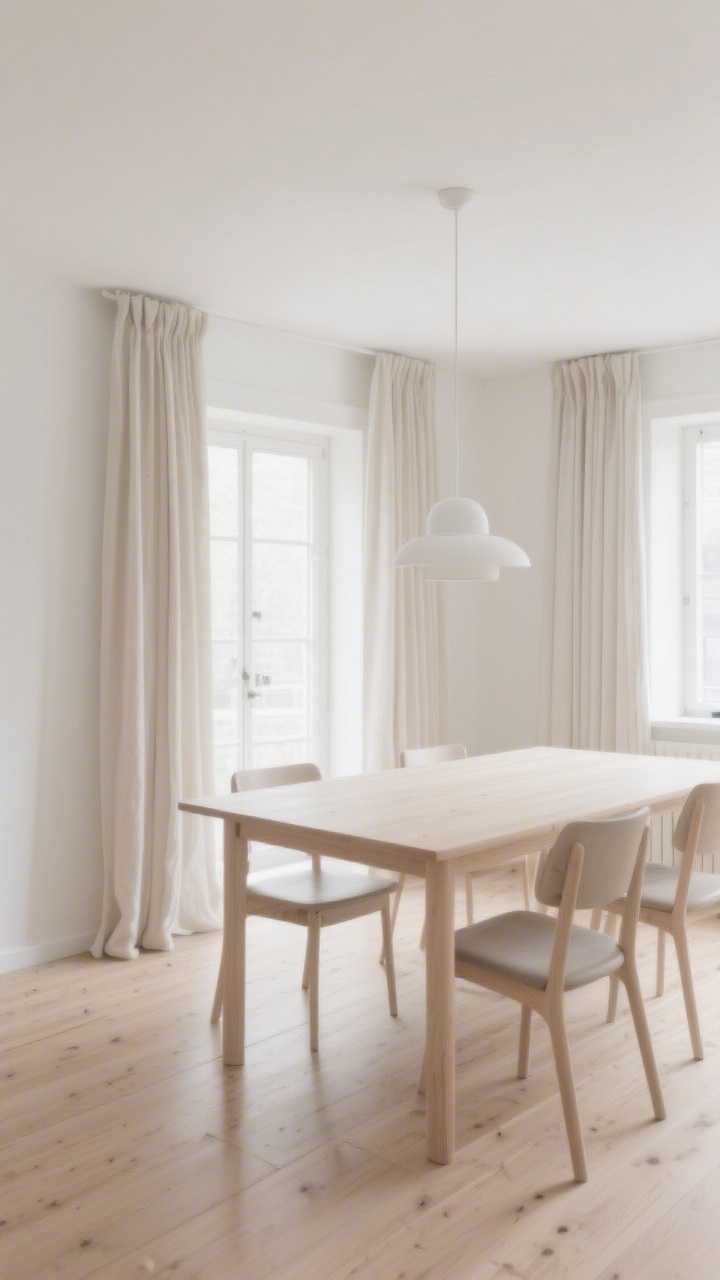 Wide shot: A Scandinavian dining room bathed in soft daylight with matte warm white walls and ceiling, pale beige linen curtains open, a light ash wood floor, and a simple pale oak dining table; low-contrast palette of warm whites, powdery grays, and pale beiges across large furniture, no stark dark elements adjacent to bright whites; airy, calm mood even under overcast light.