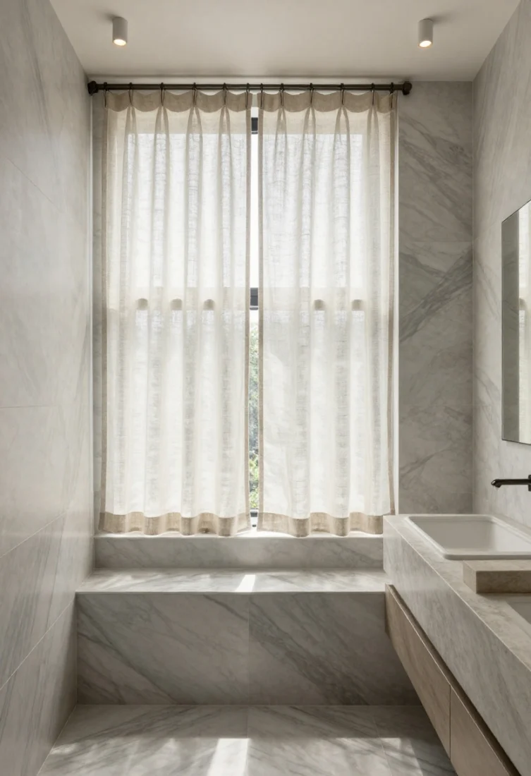Wide shot: A serene, high-end bathroom with honed marble tile, polished stone vanity, and minimalist metal rod mounted 6–8 inches above a window dressed in tightly woven sheer Belgian linen panels. The sheers have a matte texture with visible natural slubs, diffusing harsh daylight into a flattering glow and providing discreet privacy. Panels kiss the sill with a crisp 1/2-inch clearance. Layered lighting with dimmable sconces and a ceiling fixture at 2700–3000K. Discreet clip rings, no shiny poly, luxury editorial styling, premium finishes.