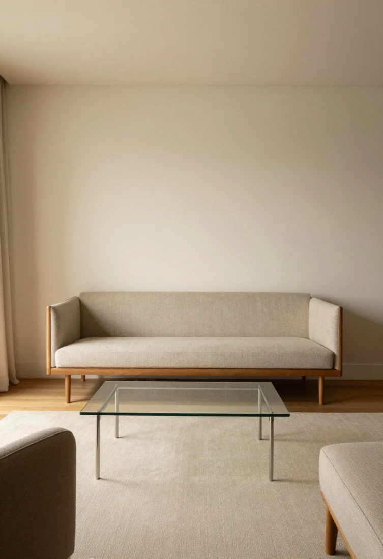 Wide shot: A tiny living room where a compact, bench-seat sofa on tall slender legs floats off the wall, creating clear circulation; airy glass-top coffee table with a minimal metal base reveals continuous floor. Seat depth around 32 inches, low-profile arms, paired with an armless accent chair. Statement rug anchors the islanded seating zone, visible negative space beneath furniture expands the room. Warm layered lighting and premium finishes, polished yet serene.