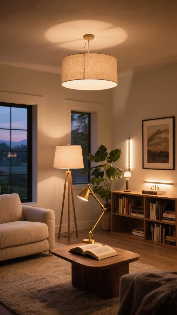 Wide shot: A warm, inviting living room at dusk showing layered lighting—ambient light from a shaded ceiling fixture on dim, a linen-shaded floor lamp casting a soft wash, task lighting from a brass swing-arm lamp aimed at an open book on a side table, and accent lighting with a slim picture light over framed art plus subtle LED strips inside a bookshelf and a tiny uplight behind a leafy plant. Include three to five light sources total, soft shadows, cozy textures like cotton and linen, and a balanced, “ahh” atmosphere. No people.