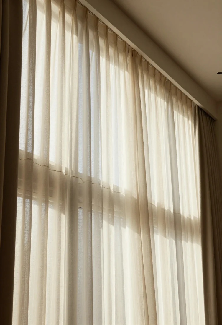Wide shot, angled from floor-to-ceiling: Elevated window wall with drapery hung high and wide—floor-grazing linen panels in warm ivory with subtle tape trim, layered over sheer Roman shades for hotel-like tailoring; rods mounted 8 inches above the frame and extended beyond sides to exaggerate width; softly pooled hems, lined panels reducing glare; afternoon light filtered for a cocooning, luxe atmosphere.