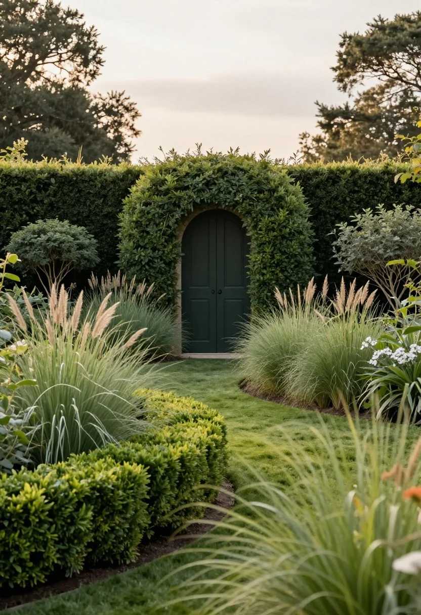Wide shot at golden hour of a cottage garden boundary framed by low evergreen hedging (boxwood and dwarf yew) transitioning into airy ornamental grasses (deschampsia, panicum, stipa), with cloud-pruned shrubs and softly bowed hedge lines echoing an arched door; staggered heights from crisp hedge front to mid perennials to tall grasses at back; gentle movement and light play; avoid straight fortress hedges; luxury editorial aesthetic with matte finishes, layered textures, and polished styling; no people.