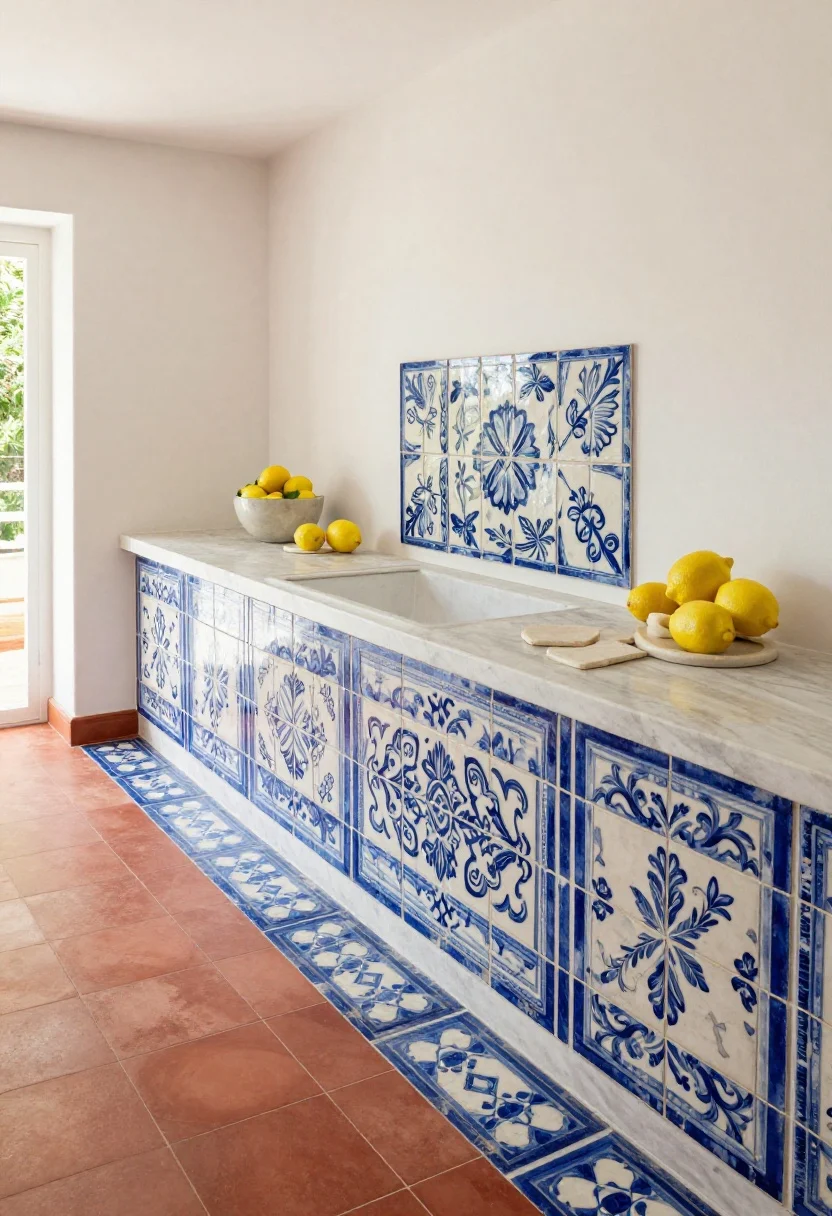 Wide shot blending Mediterranean materials with lemon accents: terracotta floor tiles or accessories, tumbled stone coasters and trivets on a marble or stone counter, a blue-and-cream patterned runner with a worn look along the galley, and a few hand-painted tiles framed as a small backsplash insert above the range; subtle lemon decor nearby to harmonize; balanced cool blues and warm terracotta under natural daylight