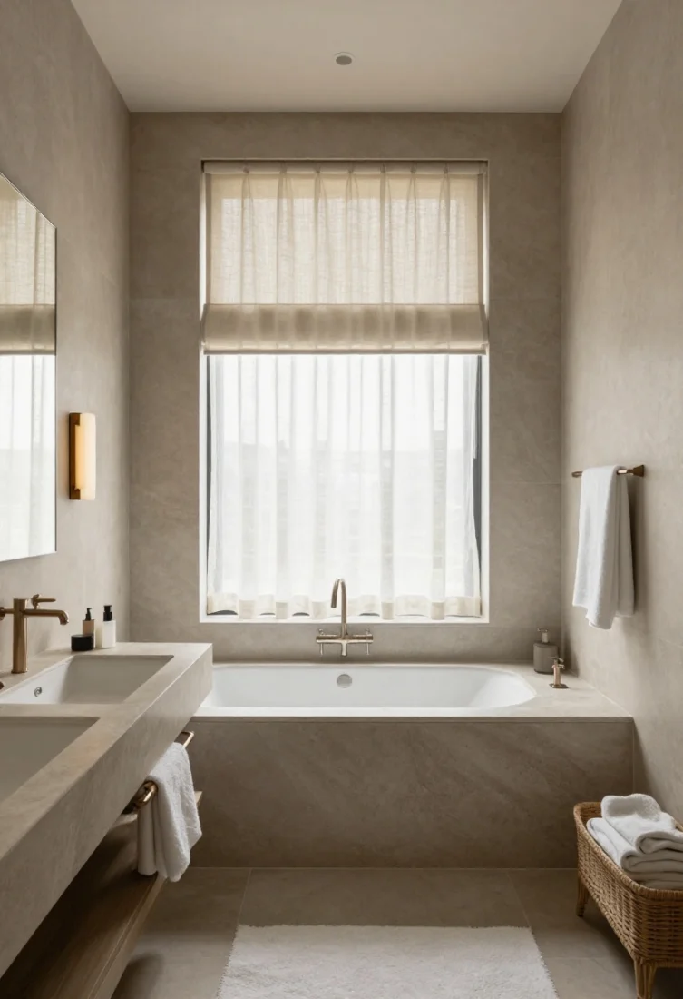 Wide shot: Conclusion scene—elevated bathroom showcasing a mix of treatments: a window with minimalist roller shade, a secondary window layered with sheer linen and a discreet blackout, and textural linens elsewhere. Premium stone, polished fixtures, precise mounts, and layered 2700–3000K lighting. The room balances contrast, softness, and scale; styling is confident and luxurious.