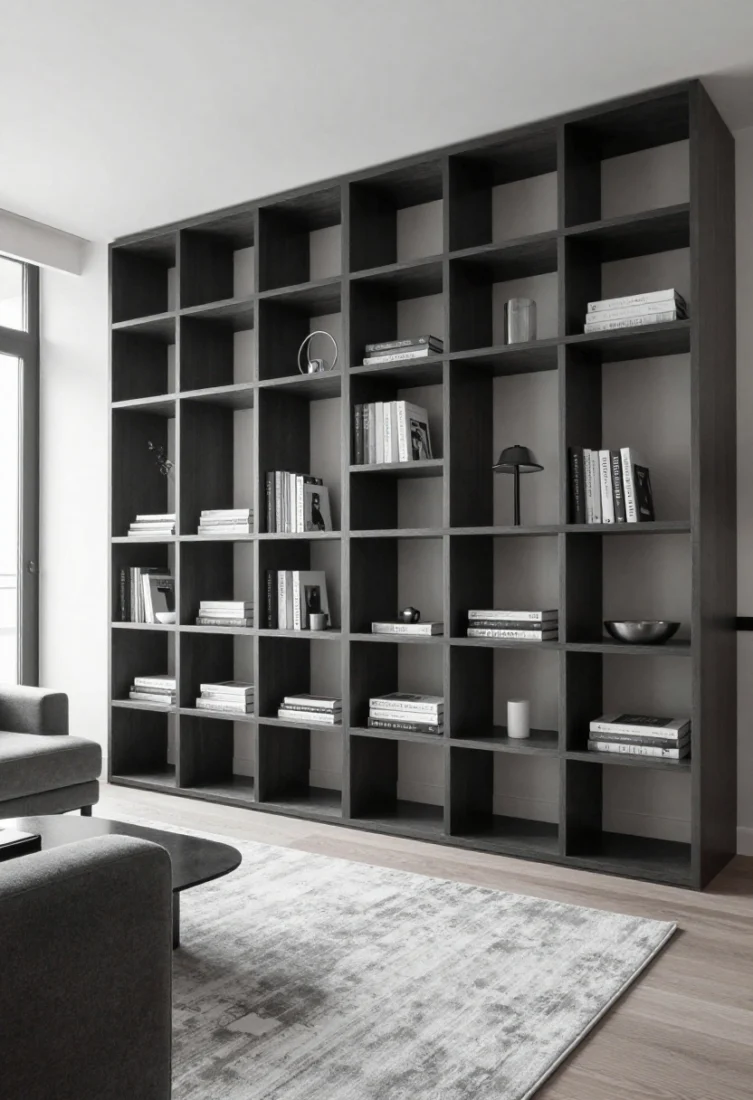 Wide shot: Conclusion tableau of an edited tiny apartment—zones shaped by a large statement rug, vertical shelving draws the eye up, multi-tasking furniture floats to reveal floor, and layered ambient/task/accent lighting creates depth. Monochrome palette with tactile contrast, reflective accents used sparingly, and concealed storage maintaining serenity. The space feels composed, adaptable, and unmistakably luxurious with premium finishes and boutique-hotel polish.