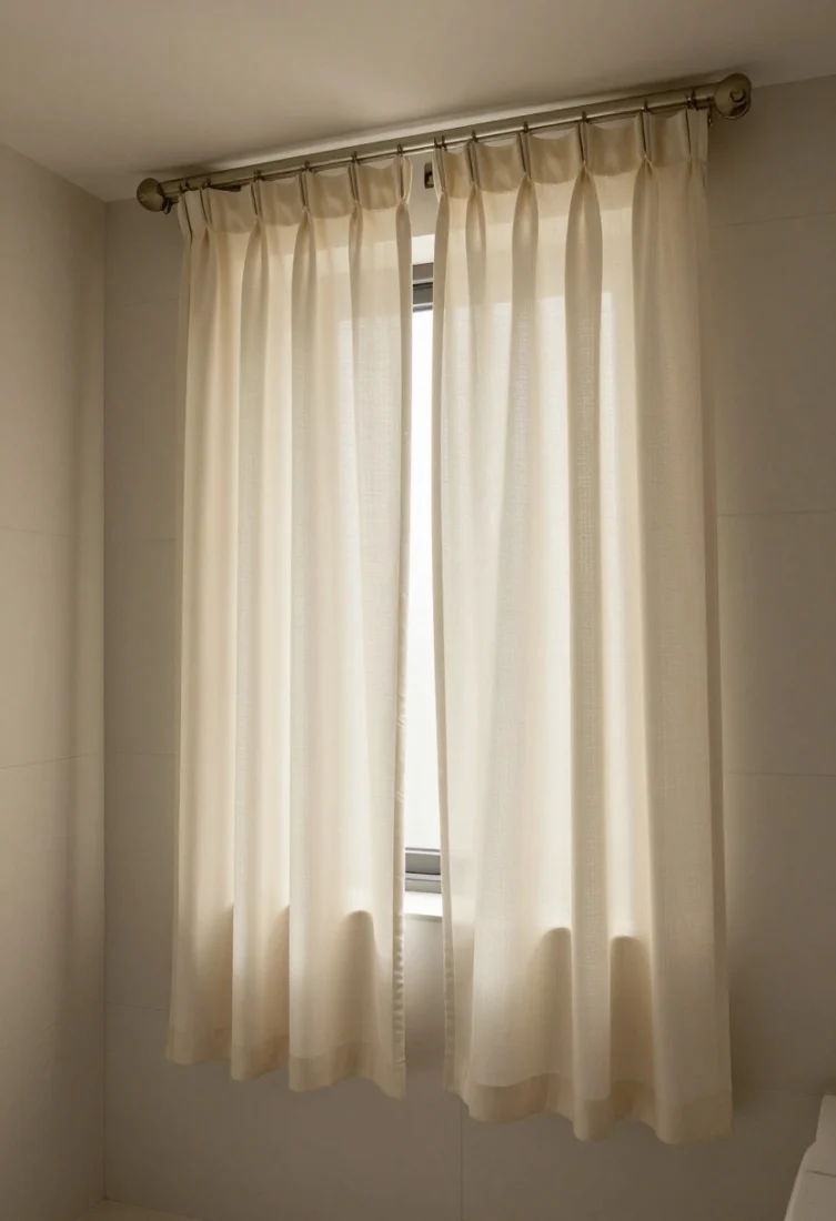Wide shot: Family bath with waterproof matte polyester drapery in weighty panels, styled like hotel windows. Double layer: waterproof liner plus decorative face panel, hung on a ripplefold track with a concealed cassette. Metal drapery hooks replace plastic rings; micro-pleat/ripplefold header delivers editorial fall. Avoid shine; lighting is warm and even, with magnetic holdbacks for crisp function.