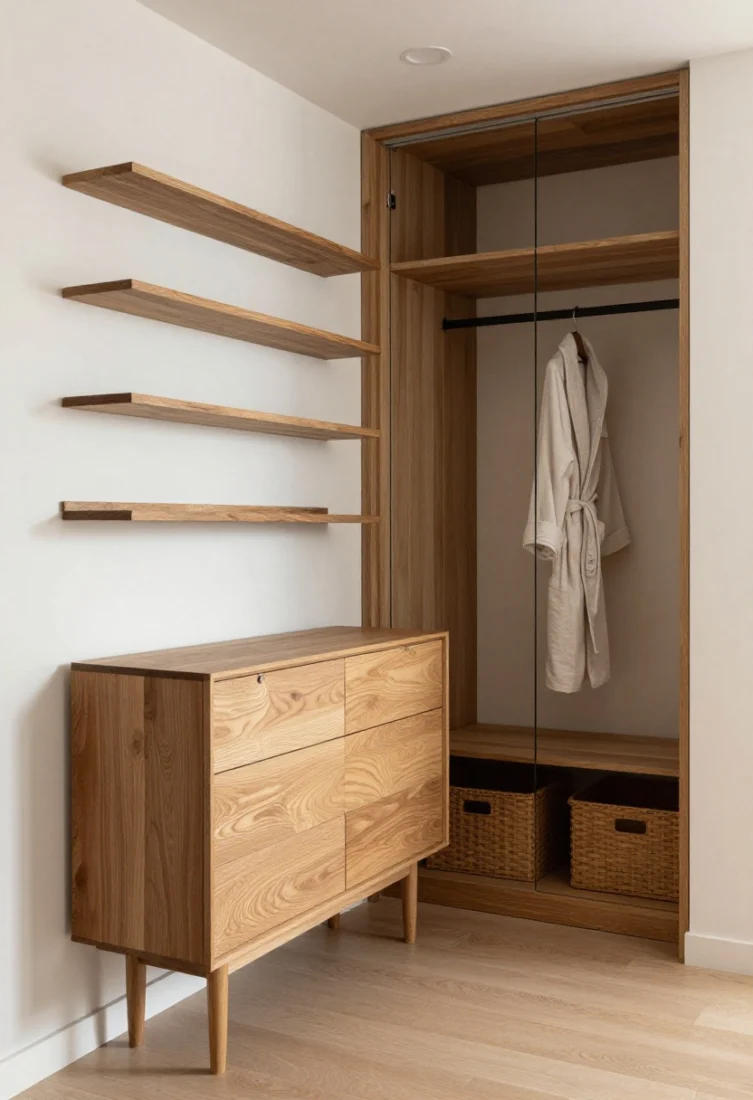 Wide shot from doorway perspective: Floor space liberated with wall-mounted floating shelves and a slim console, a narrow dresser on tall legs in a single cohesive wood tone, and a wardrobe with mirrored doors bouncing light; baskets on open shelving to streamline view; matte black valet peg rail holding a robe; airy baseboards fully visible, enhancing the illusion of more square footage; premium, minimal styling.