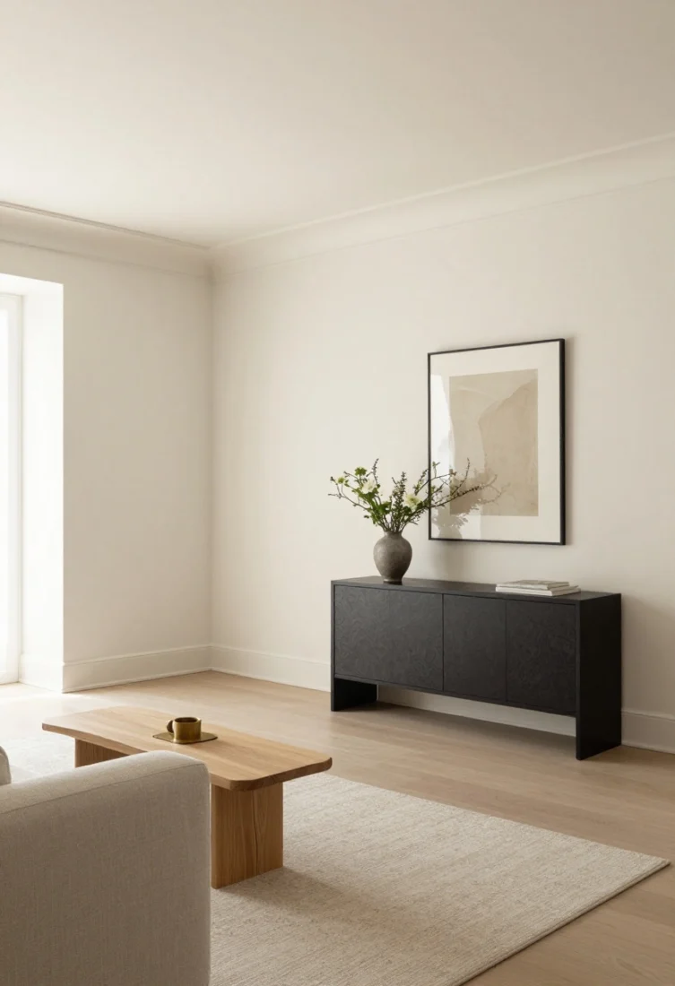 Wide shot: Monochrome living area in creamy whites, warm taupes, and cool greiges—walls, ceiling, and trim in the same hue with varied sheens (eggshell walls, satin trim). Subtle depth from natural materials: pale oak side table, travertine pedestal, linen drapery. A single dark anchor—a charcoal console or black-framed mirror—grounds the palette; brushed brass accents glint softly. No bold saturation beyond a restrained art piece and fresh flowers. Quiet, expansive, high-end mood.