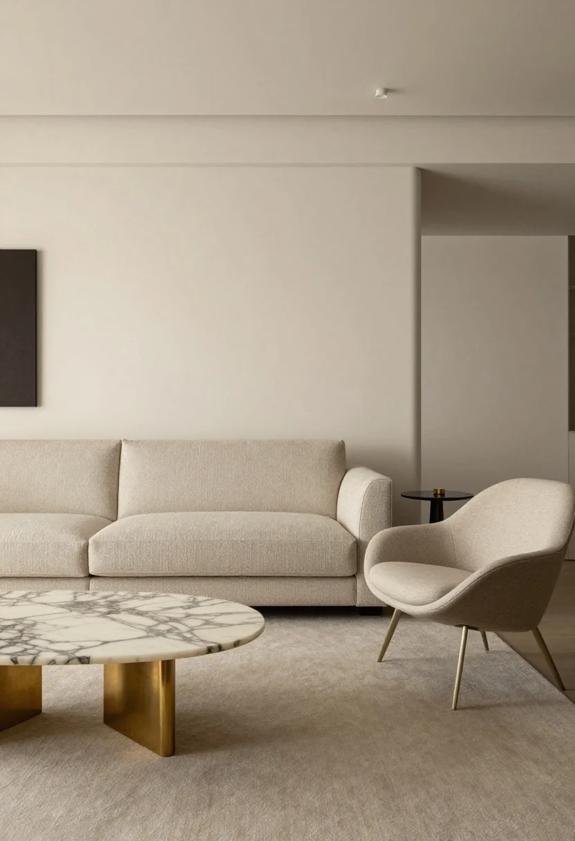 Wide shot of a compact living room curated with purposefully scaled pieces: a tailored tight-back sofa (70–80 inches) in textured neutral fabric anchors the space, paired with a sculptural lounge chair on slender legs and a thin-framed brass coffee table topped with a weighty veined marble slab. Include a delicate pedestal side table, visible floor around furniture for perceived spaciousness, clean lines and no fussy tufting. Color palette: warm putty, mushroom neutrals with brass accents. Layered, soft evening lighting for a luxury editorial aesthetic; polished styling, minimal accessories.