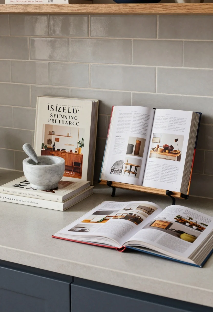 Wide shot of a countertop section styled with cookbooks as art: two to three design-forward cookbooks stacked horizontally with a small object on top (a marble mortar or vintage scoop); a slim stand displays one open cookbook to a beautiful, spill-safe page; book spine colors coordinated with a soft gray tile backsplash; warm natural light, negative space preserved, subtle shadows; lived-in yet gallery-like feel.