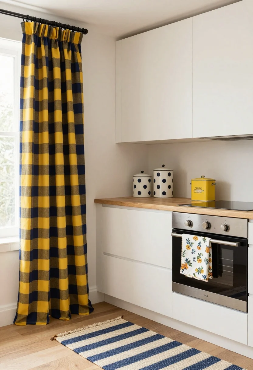 Wide shot of a cozy kitchen corner styled with three playful patterns in a consistent navy and butter yellow palette: a navy-and-butter-yellow gingham café curtain, a navy-and-cream striped flatweave rug, and small-scale floral tea towels draped over an oven handle; dotted ceramic canisters on the counter echo the palette; vintage accent like a retro butter-yellow tin; soft morning natural light, warm wood countertops, white cabinetry, clean and calm composition, no more than three patterns visible