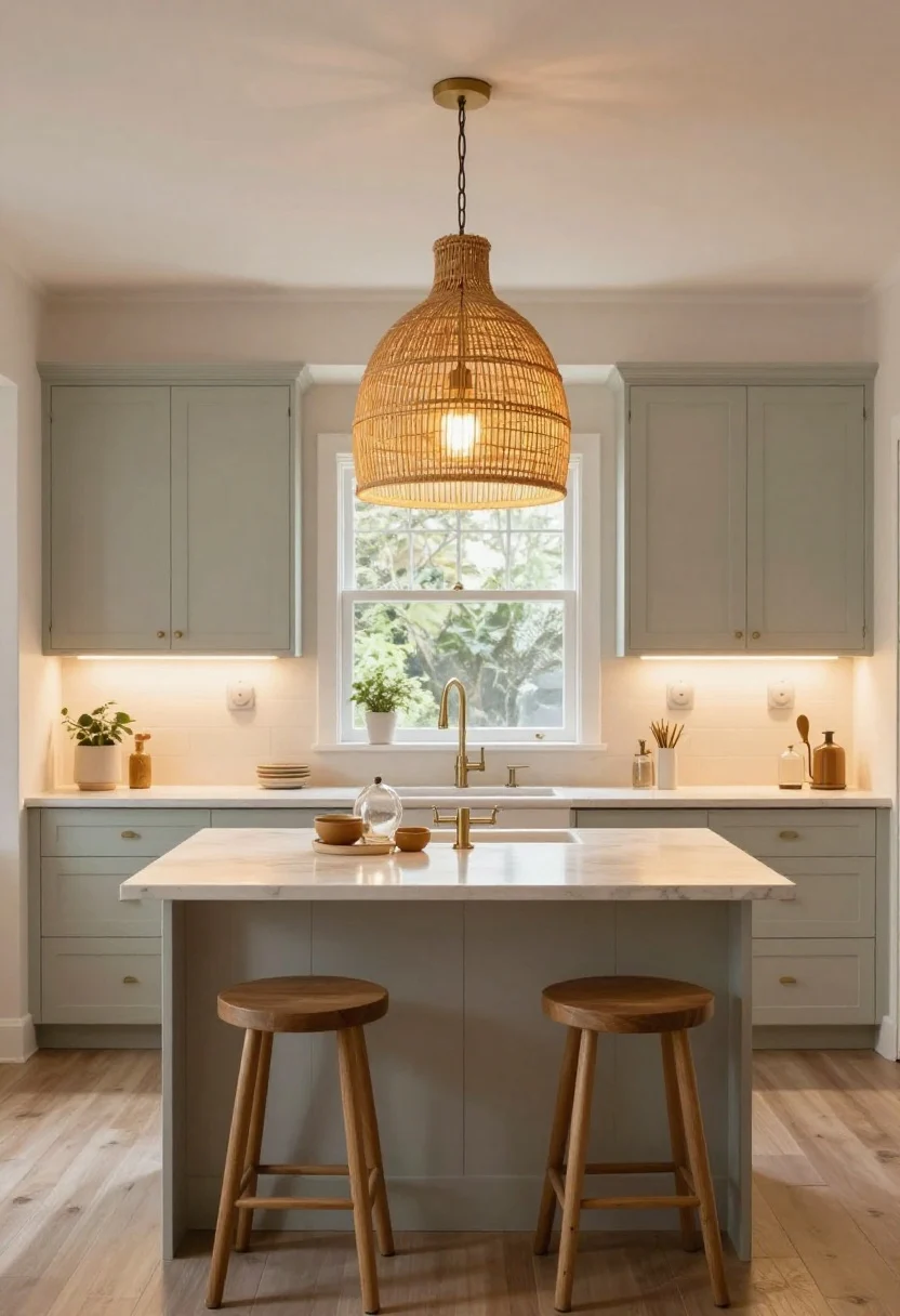 Wide shot of a kitchen island with a statement rattan dome pendant centered above, layered with warm under-cabinet LED strip lighting and a pair of pastel enamel plug-in sconces flanking a window; lighting temperature set to 2700–3000K for a golden, fairytale warmth; wavy glass globe fixture visible over the sink; balanced composition with one large pendant over the island, soft reflections on butcher-block counters, no harsh glare