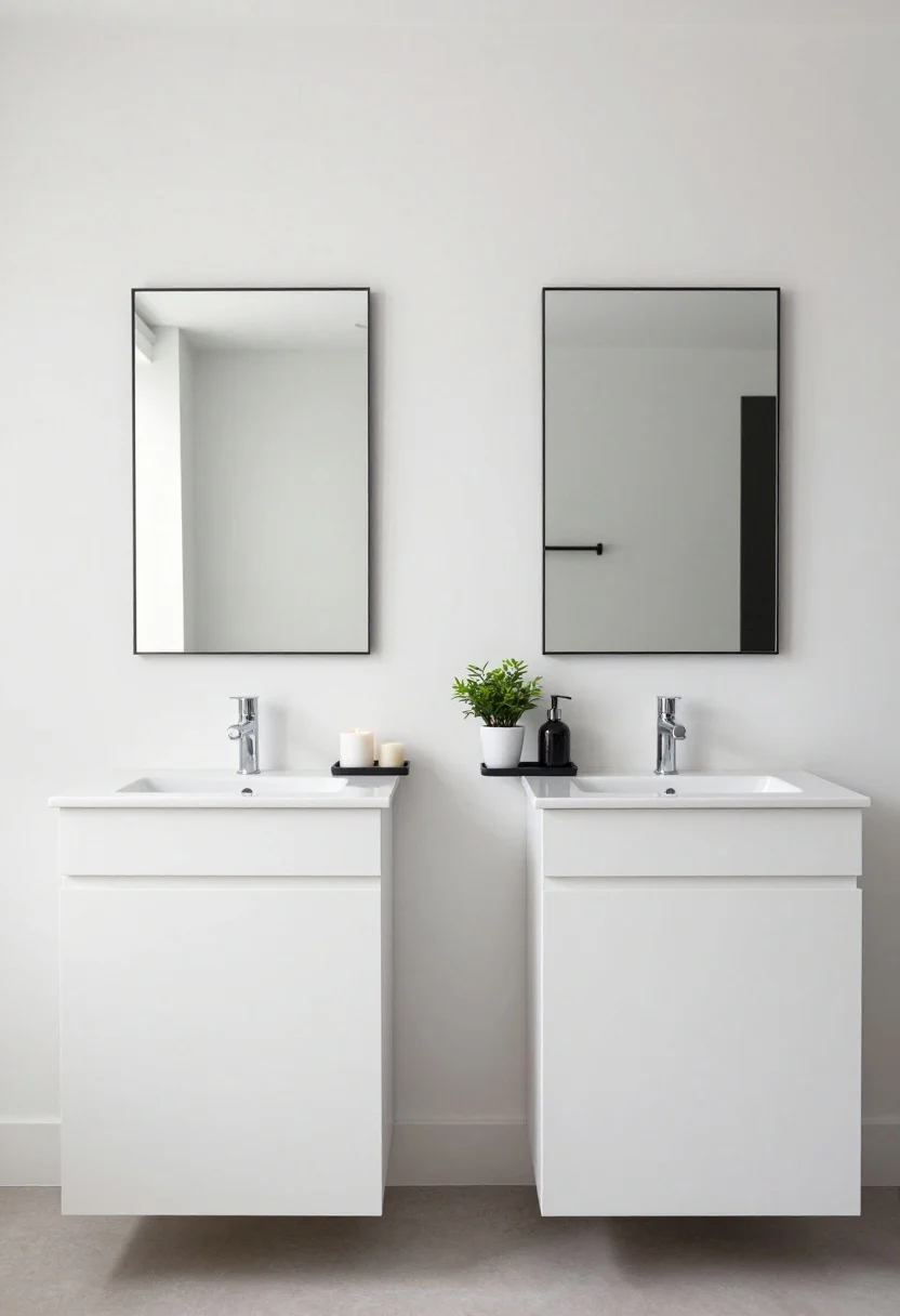 Wide shot of a minimalist double vanity, straight-on: each side mirrors a simple setup—a single tray with a soap dispenser, one candle, and a small plant; all other items hidden; closed drawer fronts emphasize clutter-free storage; cool white and black accents, crisp lines, balanced symmetry, bright natural light for a clean hotel vibe.