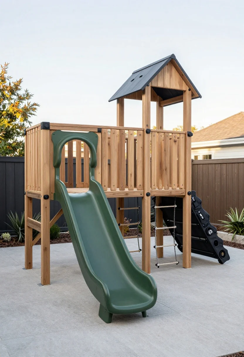 Wide shot of a modern wood playset “glow-up” in a stylish backyard: clean-lined cedar structure with a natural UV-protectant stain, matte black hardware, a forest-green accent slide, a small climbing wall, shaded perch/lookout, rope ladder, and a black climbing cargo net. Set on engineered wood fiber or rubber mulch with concrete footings visible at base, neutral palette of wood, black, and forest green; soft late-afternoon natural light, straight-on perspective emphasizing minimalist, architectural lines.