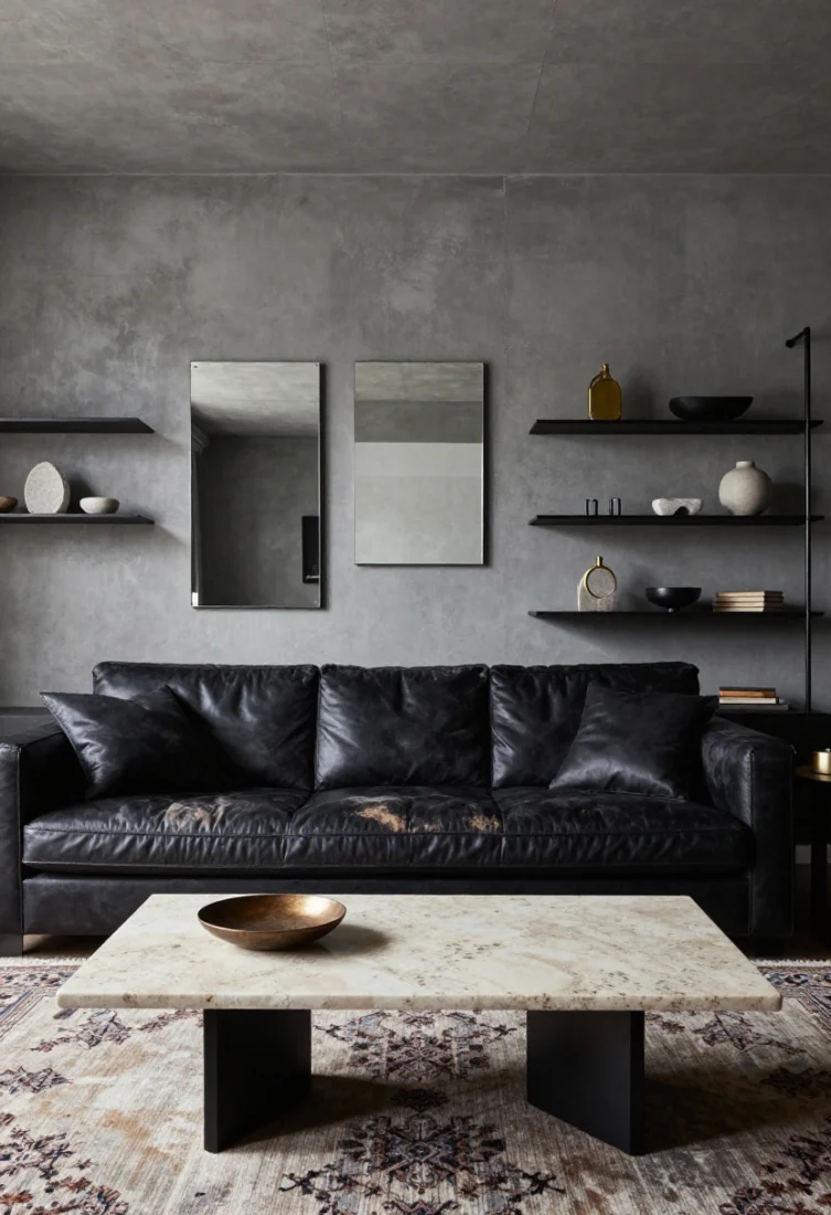 Wide shot of a moody living room that contrasts raw and refined: a limewash concrete-gray accent wall beside a deep charcoal velvet, low-slung aniline leather sofa with slight wear; a sleek honed travertine coffee table centered on a faded Persian rug; raw blackened steel open shelving holds minimal stone accessories and a strip of smoked mirror wall decor reflecting layered light; aged brass and blackened steel hardware mix subtly; warm dim lighting (2700K) with soft highlights on textures; editorial styling, no theme props, polished yet lived-in luxury.