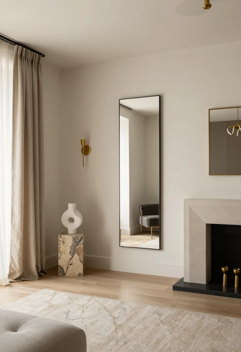 Wide shot of a polished small space that feels like a conclusion: balanced composition showing proportion (fewer, slightly larger pieces), rich textures (linen curtains, wool rug, veined stone), and layered light (chandelier, sconces, picture light), with intentional negative space and height cues (tall mirror). Tone-on-tone walls with coordinated metals, one accent color subtly repeated. The room reads serene, deliberate, and magazine-worthy; no clutter, premium finishes throughout.
