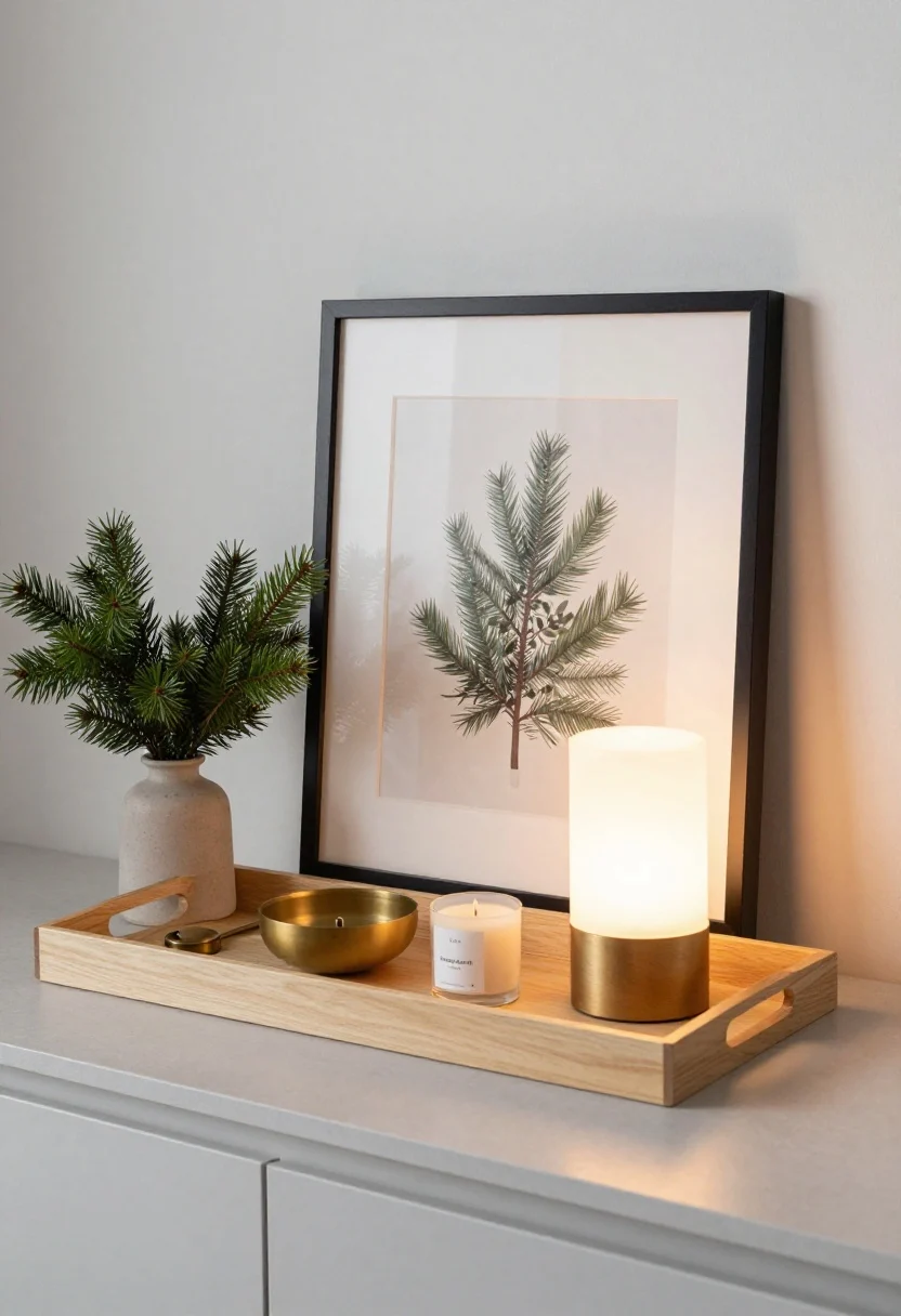 Wide shot of a seasonal-swap countertop “stage” set to Winter: base set includes a tray + riser + small lamp + one framed art piece + one plant; winter accents added—sprigs of evergreen in a small vessel, touches of brass on a candle snuffer and bowl, and a bergamot or fir candle on the tray; neutral counters, negative space preserved; cozy warm lamp light mixed with cool natural daylight at dusk; layered but uncluttered, ready for easy quarterly swaps.