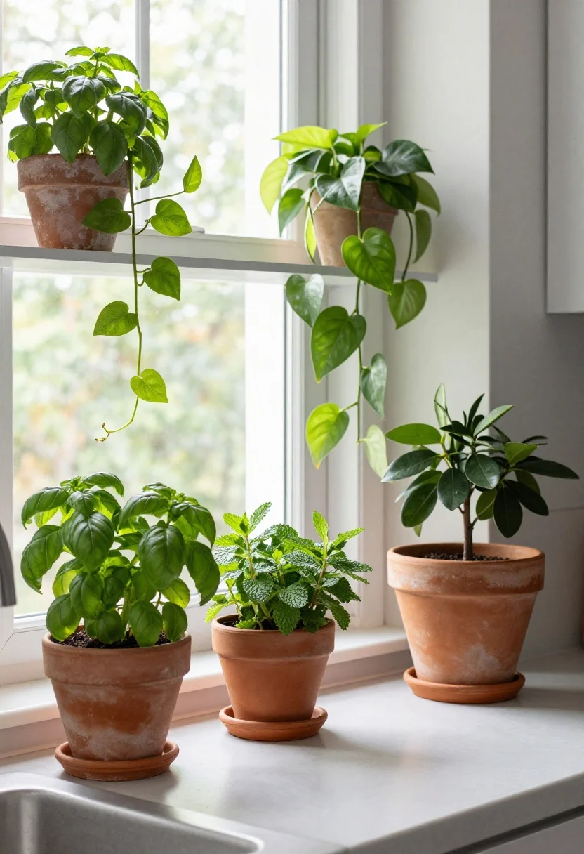 Wide shot of a sunlit kitchen windowsill garden: mismatched terracotta and ceramic pots with basil, mint, and chives near the sink; a trailing pothos or philodendron cascading from an upper shelf; a mini citrus tree in a terra-cotta pot to one side; subtle humidity glow near the sink, natural textures of aged terracotta, fresh green leaves, bright but soft morning light