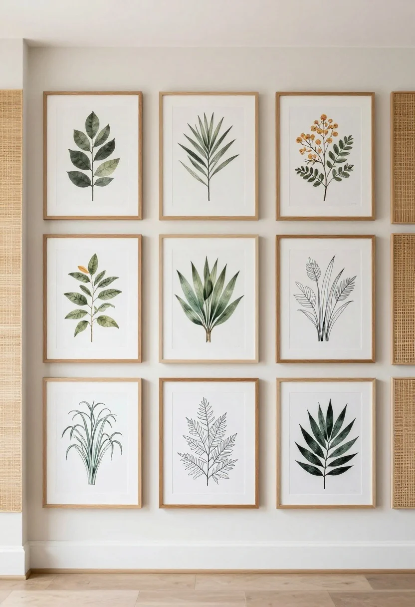 Wide shot of an entry wall featuring striking art as the tone-setter: either one large abstract artwork or a tight gallery grid of botanical prints and line drawings spaced 2–3 inches apart; center height around 58 inches; mixed textures with a canvas in wood frame and a woven wall plate for dimension; clean, selfie-ready backdrop.