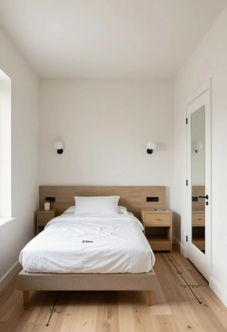 Wide shot, overhead plan-like angle: Smart small-bedroom floor plan with at least 24 inches of clearance paths, bed on the longest uninterrupted wall balanced by symmetrical sconces and matched side tables; slim dresser sized to avoid pinching circulation; concealed storage solutions—underbed bins barely visible behind a crisp bed skirt, and a lift-up ottoman at the foot; door-mounted mirror saving wall space; serene, highly functional luxury aesthetic.