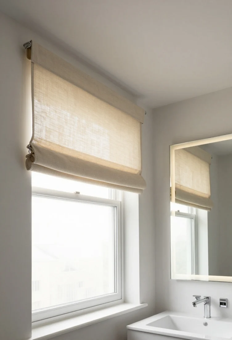 Wide shot: Primary suite bathroom window with a double ceiling track: inner sheer for daytime glow and an outer micro-weave blackout panel color-matched to the wall. Separate pulls visible, low-profile tie-backs for the sheer. Lighting control showcased with backlit mirror on, sheer filtering glare. Sophisticated finishes, minimal clutter, sheer as the statement layer.