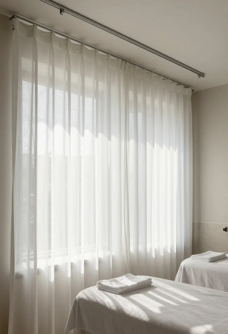 Wide shot: Spa-like bathroom with ceiling-mounted hidden tracks suspending frosted/burnout voile curtains featuring delicate organic wave pattern. The diaphanous panels mimic etched glass, diffusing sunlight evenly. Layered over a plain roller shade peeking behind for adjustable exposure. Polished chrome accents, seamless ceiling track, slim tie-backs on one side, resort-level serenity and elevated materials.