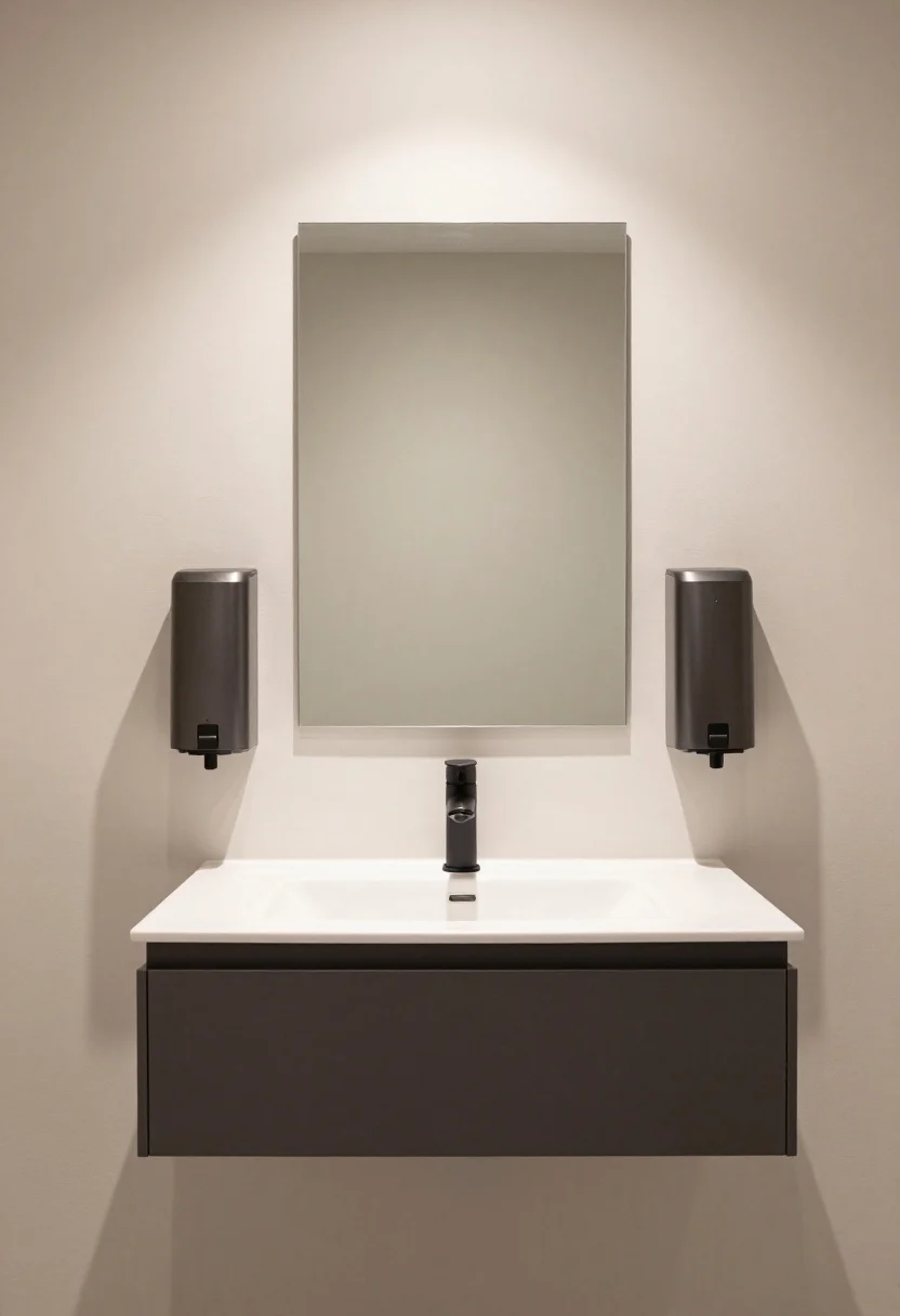 Wide shot, straight-on: a small modern bathroom vanity with two wall-mounted minimalist dispensers in matte black stainless steel flanking a centered mirror, matched to a matte black faucet. Counters are clutter-free and splash zone tidy. Dispensers installed at the same height as the faucet handle for a clean sightline. Neutral palette, soft overhead lighting with subtle reflections; removable-anchored look without visible damage; photorealistic.