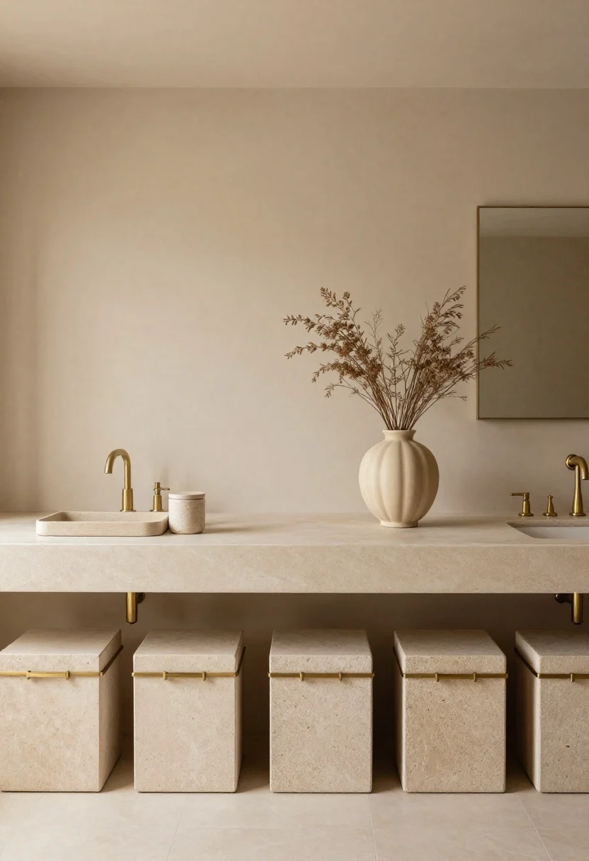Wide shot, straight-on of a monochrome bathroom counter styled in a Warm Neutral palette: sand-colored tray, stone canisters, a beige fluted vase with dried stems, warm-toned walls, and consistent brass metals throughout; serene, high-end feel with mixed materials (stone, ceramic, dried botanicals); soft diffused daylight, calm and cohesive tones.