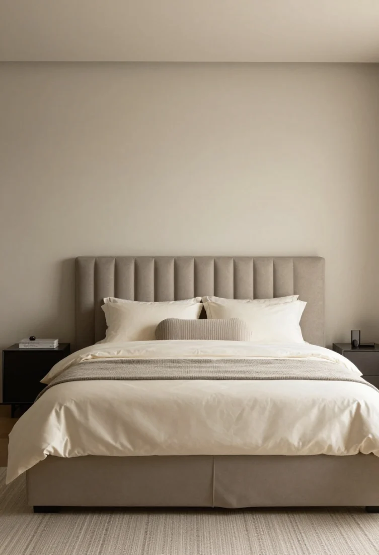 Wide shot, straight-on view: A small luxury bedroom anchored by a slim, upholstered headboard with vertical channel tufting in mushroom gray, low-profile platform bed, percale sheets in warm cream, sateen duvet in tonal taupe, a single elongated lumbar pillow in subtle pinstripe, and a textured throw at the foot; neutral, tightly controlled palette, crisp kick-pleat bed skirt concealing underbed storage; layered, soft morning light grazing fabrics; polished styling with minimal accessories and premium finishes.