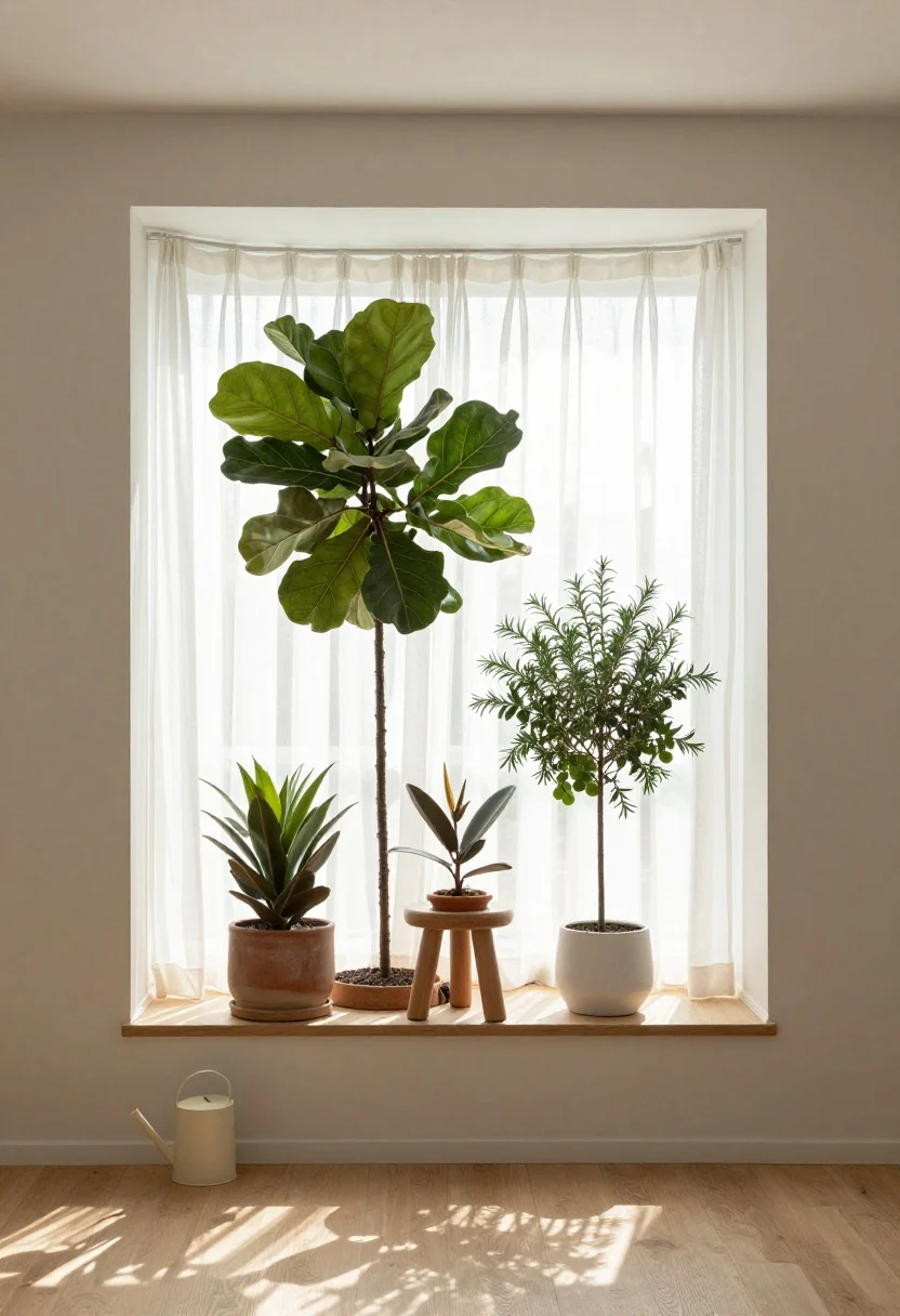 Wide shot, sunlit living room corner centered on a large, south-facing window as the main event; tiered plant heights using a floor planter with a tall fiddle leaf fig, a stool holding a bird of paradise, a rubber tree on the floor, rosemary on the window ledge; sheer white curtain softly diffusing bright afternoon light; neutral walls, light wood floors, simple watering can nearby; pots in terracotta and white ceramic; gentle shadows, calm mood, straight-on perspective.