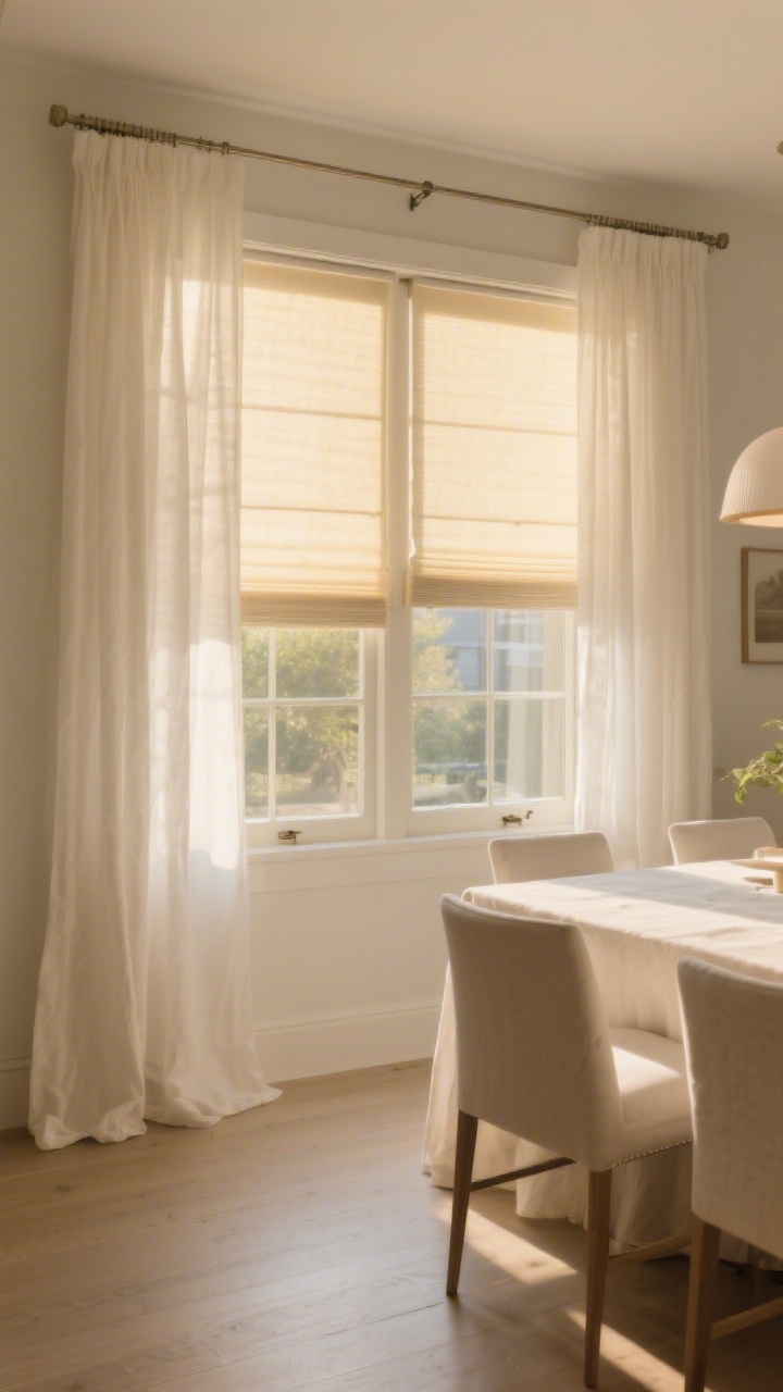 Wide shot: Windows dressed in airy off-white linen sheers that puddle slightly, layered with hidden privacy roller shades behind; slim, minimal hardware; golden-hour light filtering through, casting a gentle glow across a light-toned dining room; no heavy drapery, serene and bright ambiance.