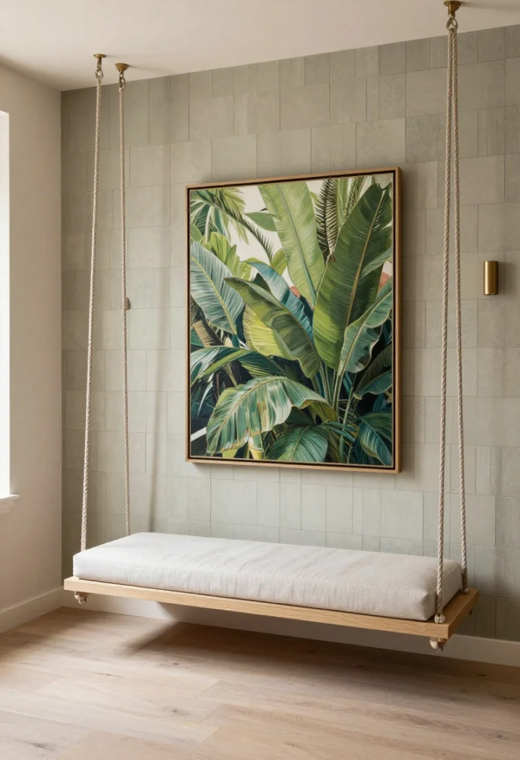 Wide, straight-on composition highlighting architectural backdrops behind a swing: mineral-hued shiplap in sage/stone adds depth, with an oversized exterior-grade art piece or mirror reflecting greenery; slim picture lights or grazing sconces accentuate texture; minimal accessories so the patinated backdrop contrasts with smooth cushions and clean-lined frame; warm, refined light emphasizes layered materials for an editorial finish.