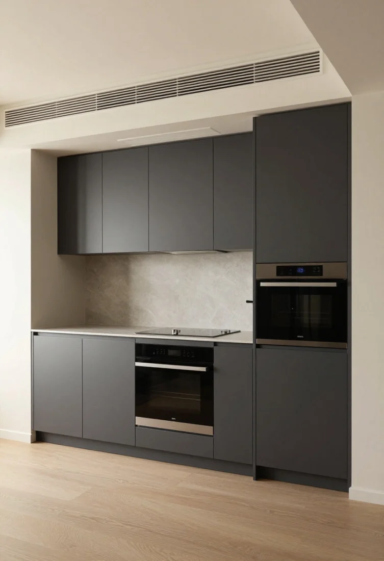 Wide, straight-on elevation of a one-wall kitchen where appliances are fully integrated: panel-ready fridge and dishwasher concealed within matte lacquer tall units, induction hob on a slim stone counter, and a discreet ceiling-integrated vent; tall appliances consolidated to one end for symmetry; a pocket-door breakfast cupboard slightly ajar revealing hidden small appliances; serene, furniture-like facade with minimal finish changes