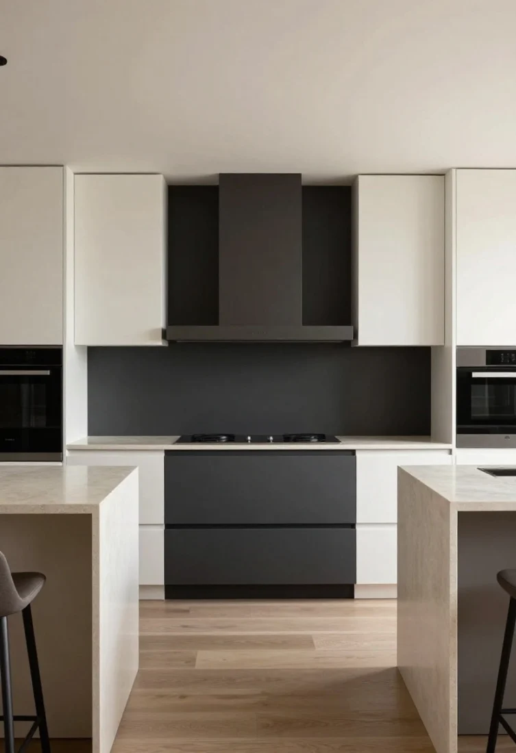 Wide, straight-on elevation showing color-blocked zones: a darker center “work core” of deep charcoal drawers beneath the induction cooktop, flanked by lighter talls in warm white at both ends; a continuous honed stone counter bridges tones; barstools echo the darker hue; balanced, structured composition with editorial polish