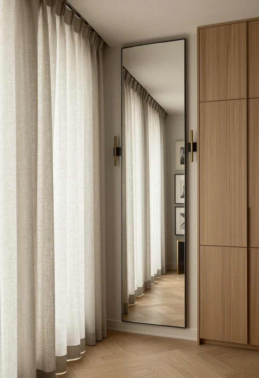 Wide, straight-on shot emphasizing verticality in a small room: floor-kissing, lined linen curtains hung high and wide (rods mounted 4–8 inches above frame), a tall leaner mirror reflecting light, fluted cabinetry in a warm wood tone, and a vertical trio of stacked art pieces creating upward rhythm. Include slender vertical sconces. Neutral palette with brass or blackened steel accents; crisp, elegant lines that draw the eye up; polished luxury styling with negative space.