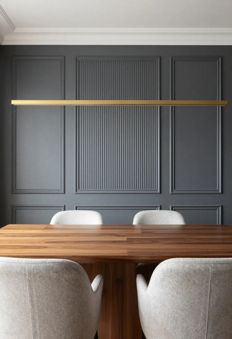 Wide, straight-on shot of a dining room accent wall featuring sculpted millwork that frames the table scene: monochrome panel molding with picture-frame trim running slightly wider than a rectangular dining table, vertical fluted cladding inside the central panel, all painted in the same deep greige satin for a modern monochrome effect; linear brass picture light mounted above the central panel softly grazing the raised profiles; layered lighting with a statement chandelier and dimmed ambient glow; upholstered dining chairs with fluid curves contrast the structured lines; pale drapery and polished wood table top; avoid busy trim patterns—keep a calm, rhythmic cadence; luxury editorial styling with minimal tabletop decor and polished brass accents.