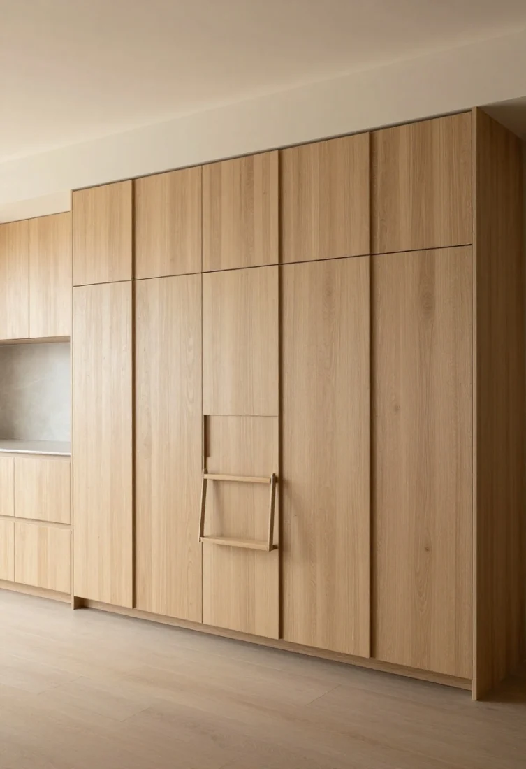 Wide, straight-on shot of a one-wall kitchen wrapped in full-height cabinetry to the ceiling, with push-latch tall doors in matte rift oak forming an uninterrupted grid; integrated panel-ready fridge and pantry vanish within the elevation; a slender ladder rail with a slim step-stool niche at one end; minimal counters with no clutter; soft, layered lighting with a warm 2700K ceiling wash accentuating vertical lines; luxury editorial mood, calm and seamless