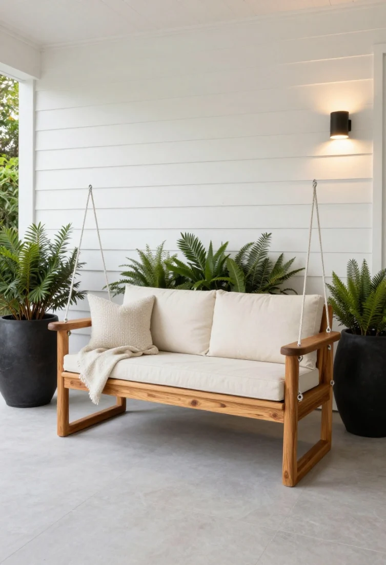 Wide, straight-on shot of a sculptural solid teak porch swing with soft, rounded arms and a low-slung silhouette, set against crisp white clapboard siding with lush green landscaping beyond; tailored knife-edge performance-linen seat and back cushions in warm ivory, a nubby outdoor throw casually draped; flanked by oversized matte black fiberstone planters with structured greenery; subtle, dimmable outdoor wall sconces casting warm 2700K glow at dusk; luxury editorial styling with polished details and clean lines, showcasing teak’s rich honeyed grain beginning to patina.
