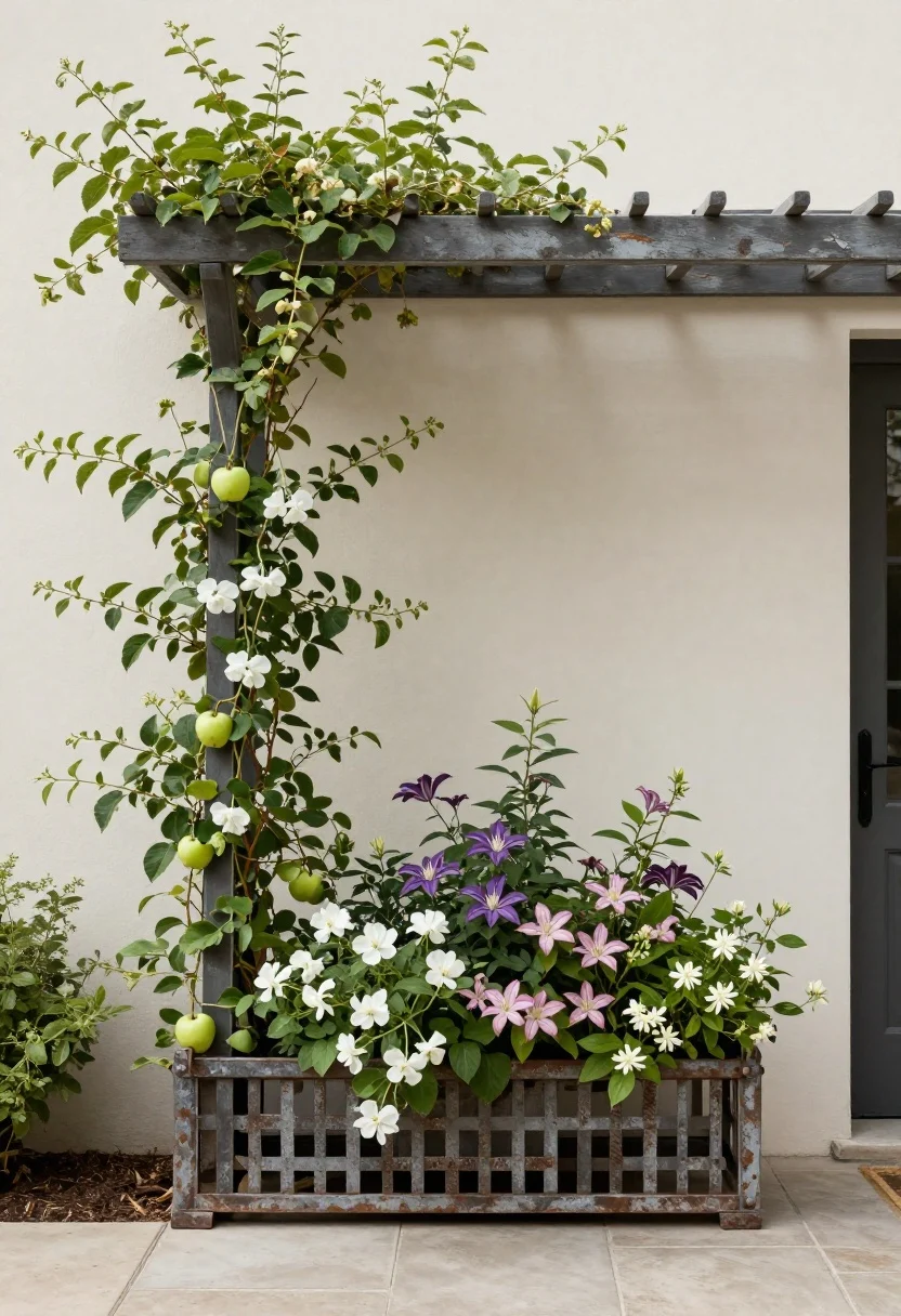 Wide, straight-on view of an entry arbor and trellis ensemble in muted mushroom paint beside a weathered metal piece; espaliered apple trained against a sunny wall; climbers threading through—sweet pea for scent, jewel-toned clematis, and jasmine for evening fragrance; restrained lines letting plants provide poetry; balanced proportions, premium finishes; no people.