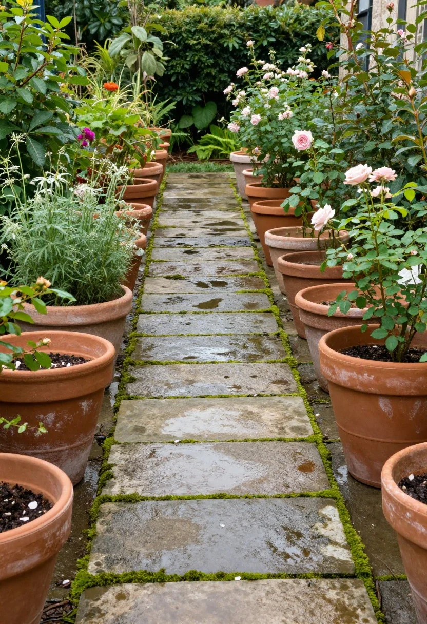 Wide, tranquil morning shot celebrating patina: damp stone with moss veining along a path, terracotta pots showing chalky bloom, softly flopped rose heads after rain; layout with generous spacing for mature growth, self-seeders allowed in a few edited surprise spots; pruning evident for air and shape, not strict silhouettes; quietly luxurious, timeworn elegance; no people.